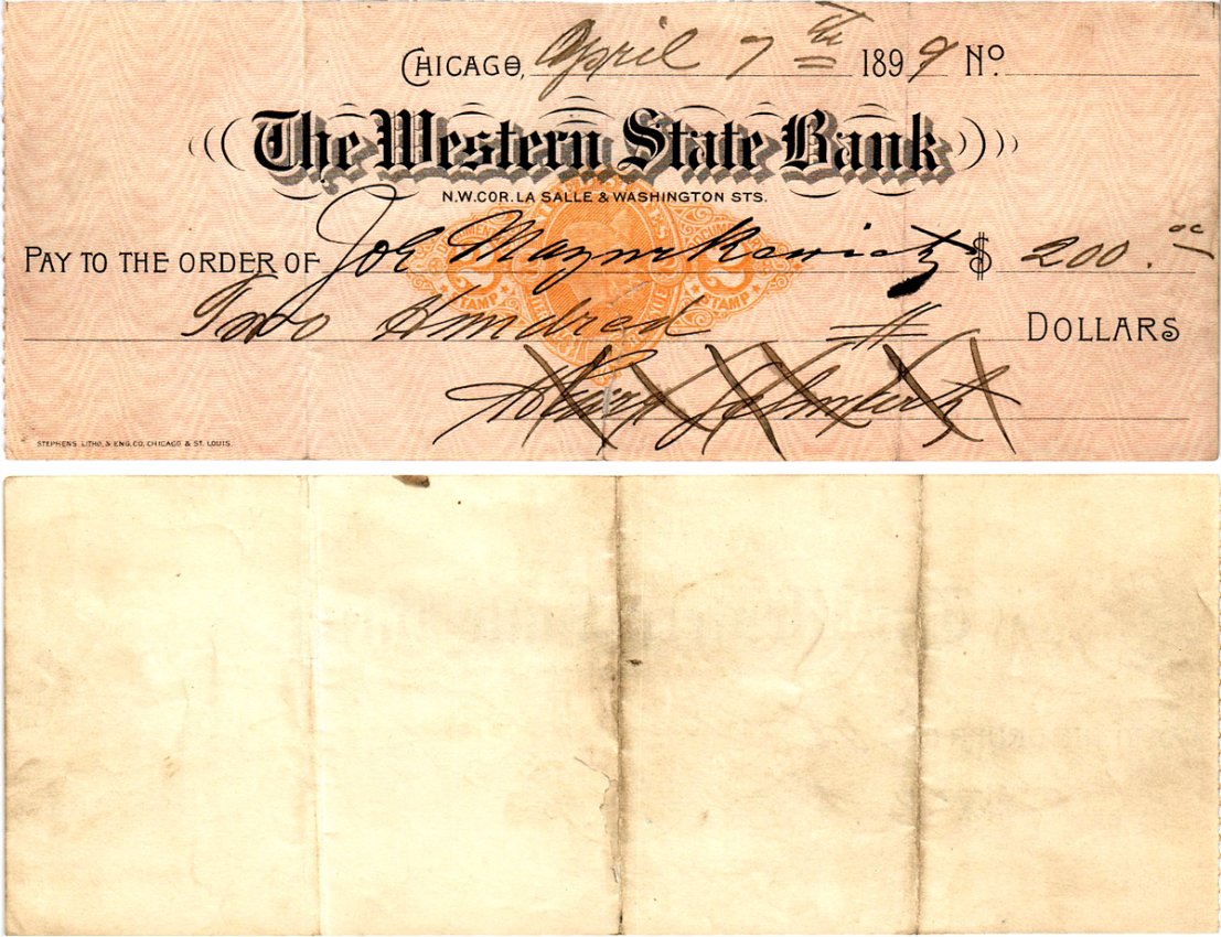 США чек на 200 долларов 1899 The Western State Bank, Чикаго бумага 6287-44-1-2