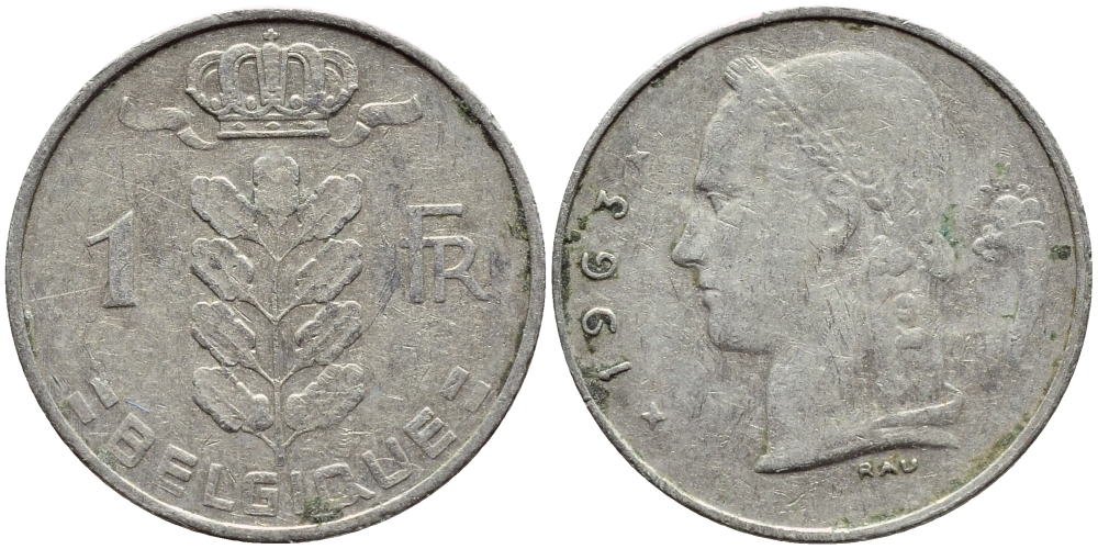 Бельгия 1 франк 1963 Belgique, Бодуэн I (1951-1993) KM 142.1 медно-никель 4395-454
