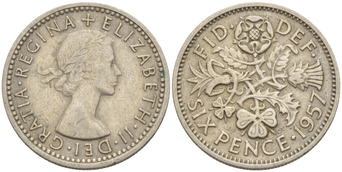 Великобритания 6 пенсов 1957 Елизавета II (1952-2022) KM 903, Spink 4149 медно-никель 4528-917