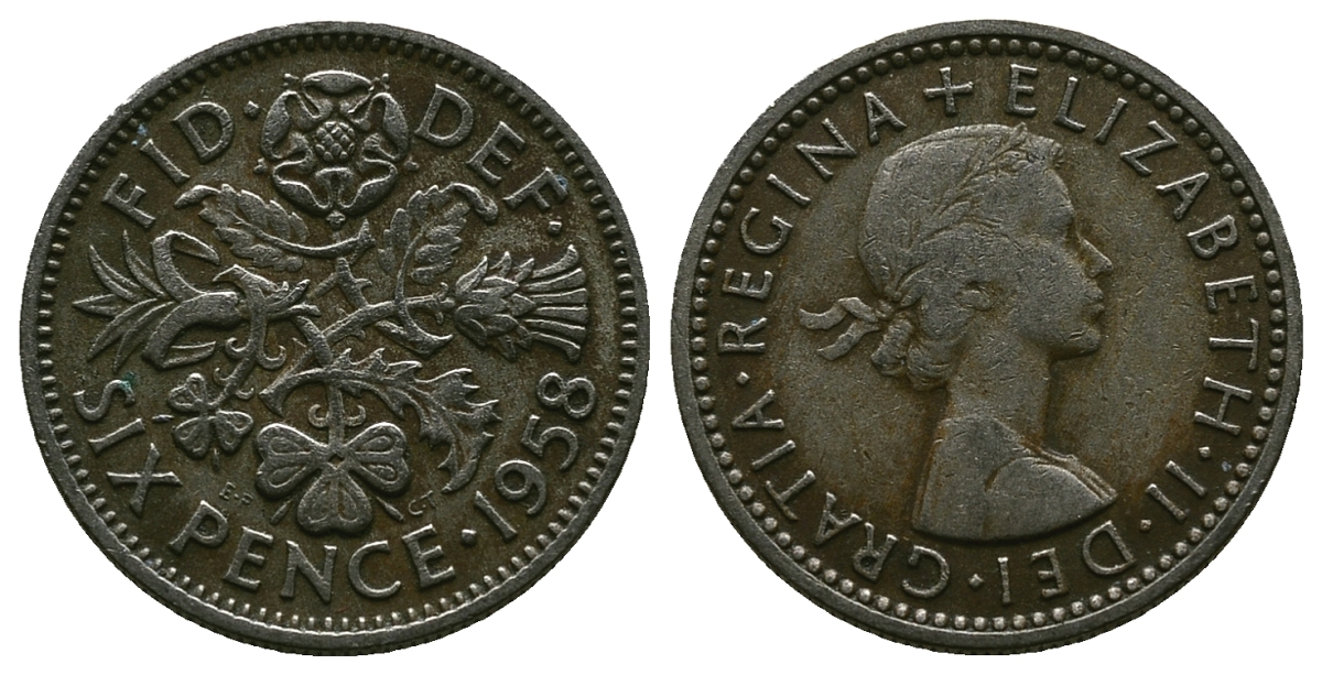 Великобритания 6 пенсов 1958 Елизавета II (1952-2022) KM 903, Spink 4149 медно-никель 4381-712