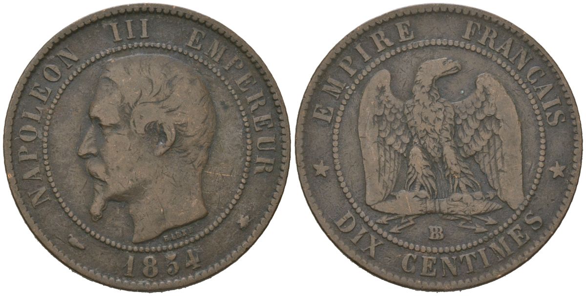 Франция 10 сантимов 1854 BB, Наполеон III (1852-1870) KM 775 бронза 221-514