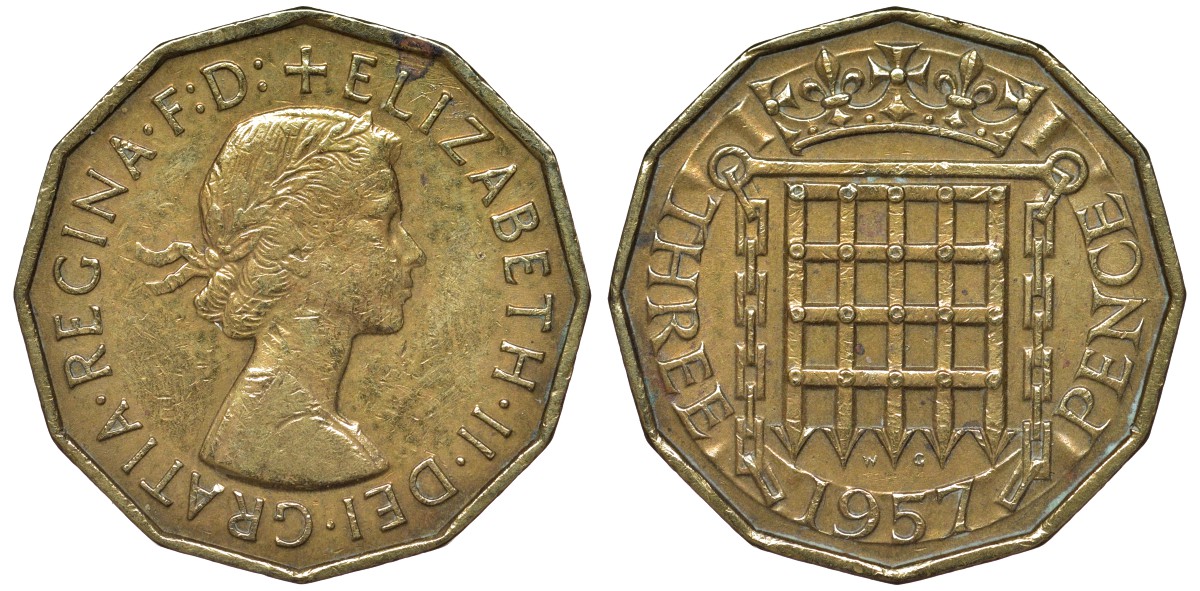 Великобритания 3 пенса 1957 Елизавета II (1952-2022) KM 900, Spink 4153 никель латунь 4122-931