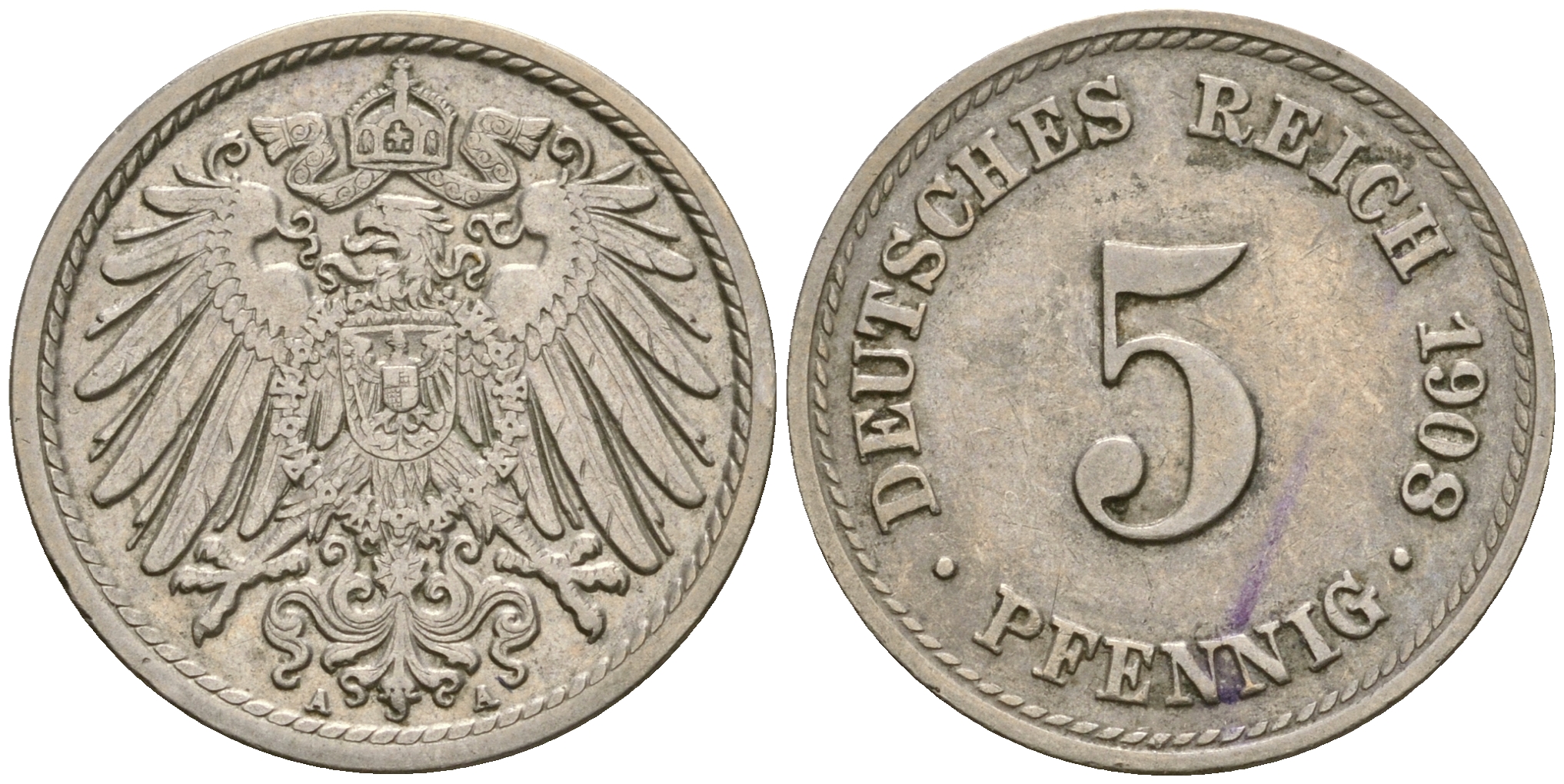 Германия 5 пфеннигов 1908 A KM 11, Jager 12, Weege 6 медно-никель 4364-4536