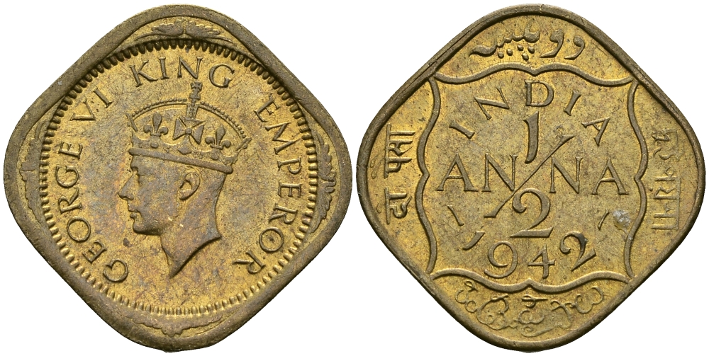 Британская Индия 1/2 анна 1942 Георг VI (1936-1952) KM 534b никель-латунь UNC 94-826