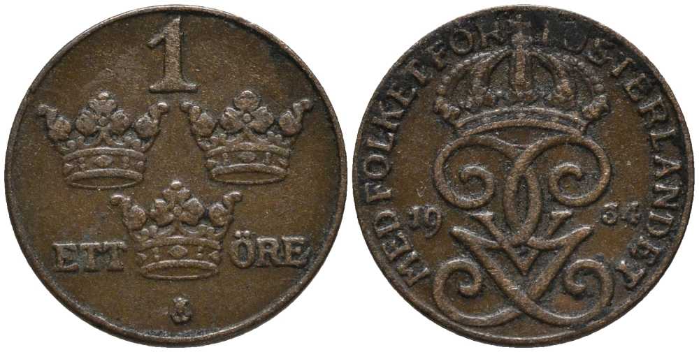 Швеция 1 эре 1934 Густав V (1907-1950) KM 777.2 бронза 201-1132