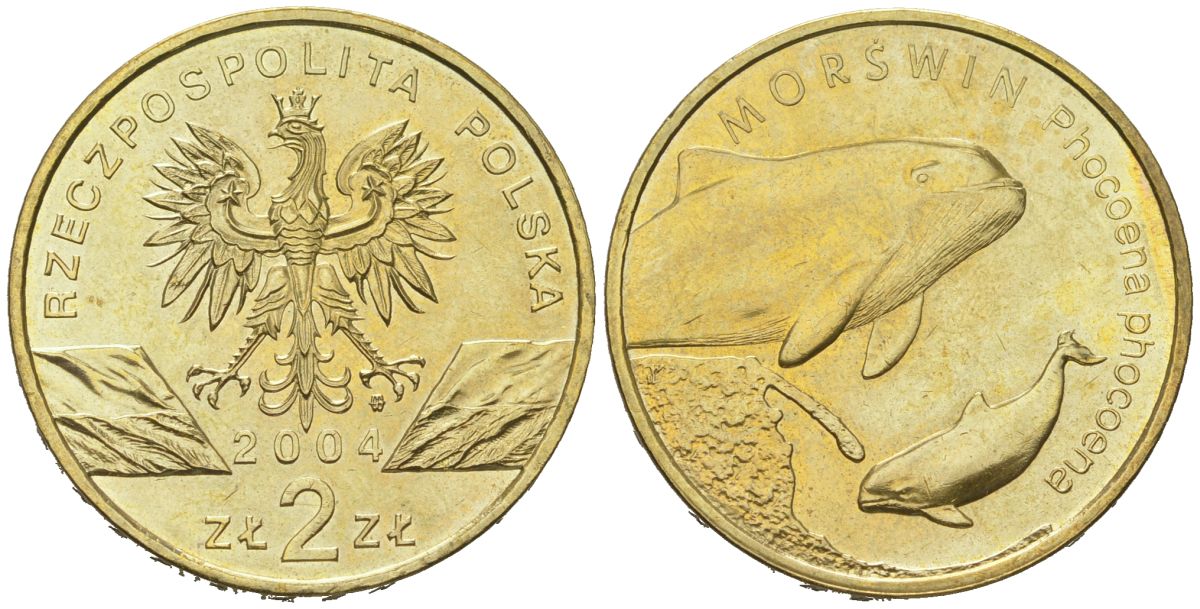 Польша 2 злотых 2004 MW, серия сохраним природу, морская свинья KM 464 нордик  UNC 4531-1244