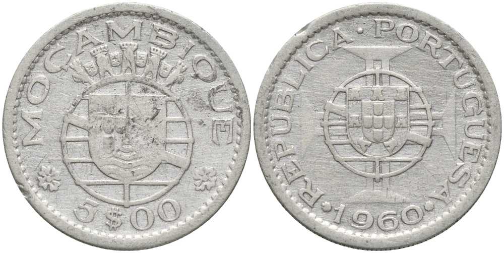 Португальский Мозамбик 5 эскудо 1960 КМ 84 серебро 202-452