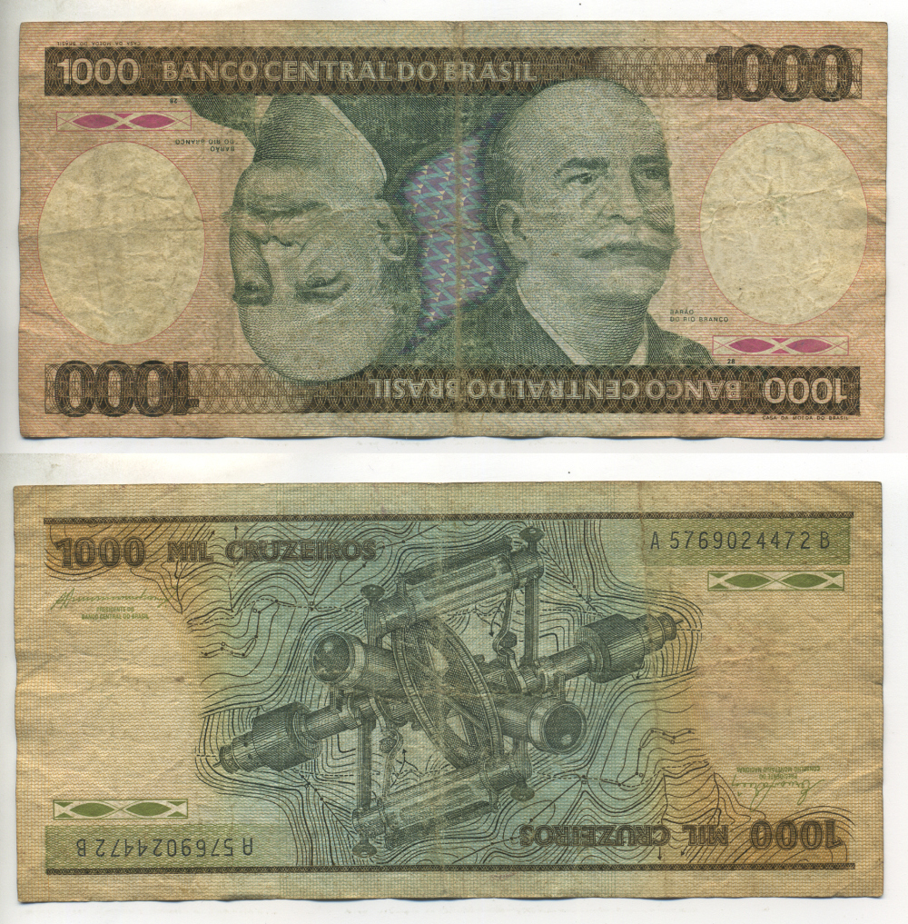 БРАЗИЛИЯ 1000 КРУЗЕЙРО 1984 ПОДПИСЬ 21, БАРАО ДО РИО БРАНКО Pick 201b бумага 6266-43-2-1