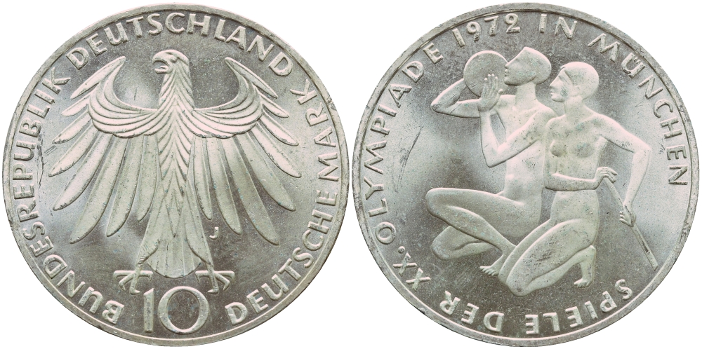 ФРГ 10 марок 1972 J, XX летние Олимпийские Игры, Мюнхен 1972, спортсмены KM 132, J. 403 серебро aUNC 1522-421
