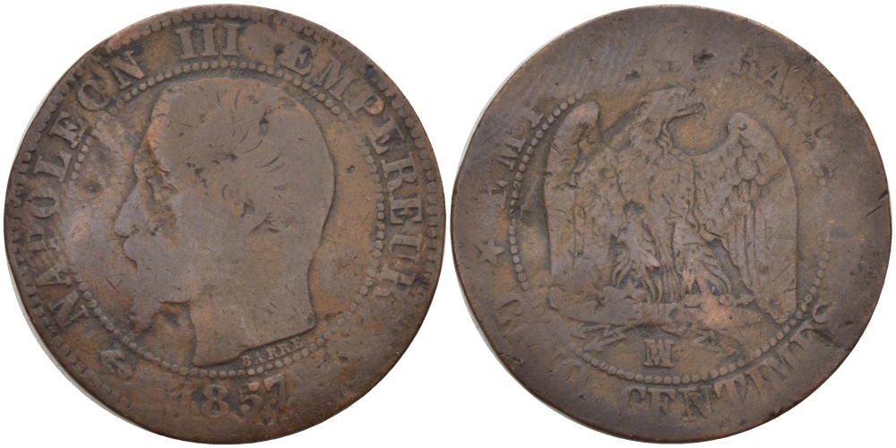 ФРАНЦИЯ 5 САНТИМОВ 1857 МА, НАПОЛЕОН III (1852-1870) KM 777.6, LE FRANC 116.42 бронза 28-626