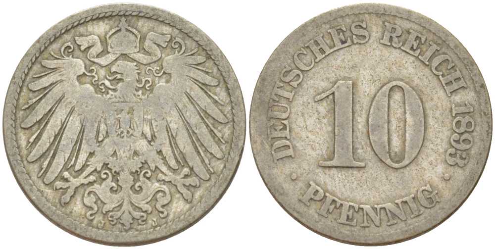 ГЕРМАНИЯ 10 ПФЕННИГОВ 1893 J KM 12, J. 13, Weege 8 медно-никель 261-1254