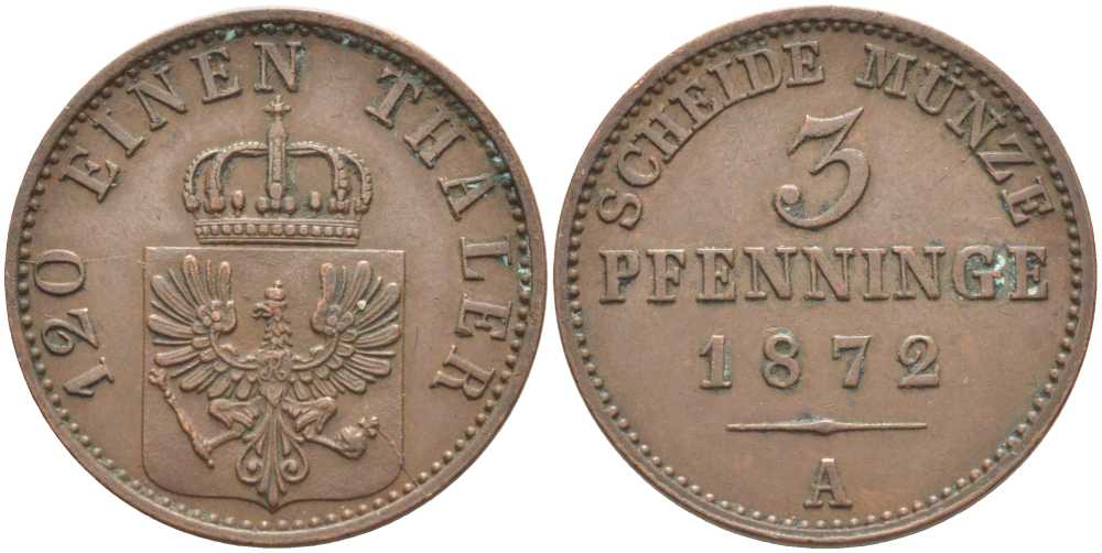 ПРУССИЯ 3 ПФЕННИГА 1872 А, ВИЛЬГЕЛЬМ I (1861-1888) KM 482 медь 117-1131