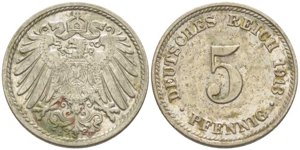 ГЕРМАНИЯ 5 ПФЕННИГОВ 1913 D KM 11, J. 12, Weege 6 медно-никель 206-1018