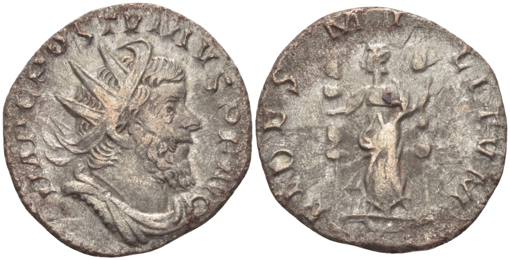 Римская Империя (императоры в Галлии) антониниан 260 - 269 Постум. IMP C POSTVMVS P F AVG / FIDES MILITVM, Фидея, персонификация Верности, с боевыми штандартами, Колония Агриппины, Very fine RIC 59 биллон 1073-12-56