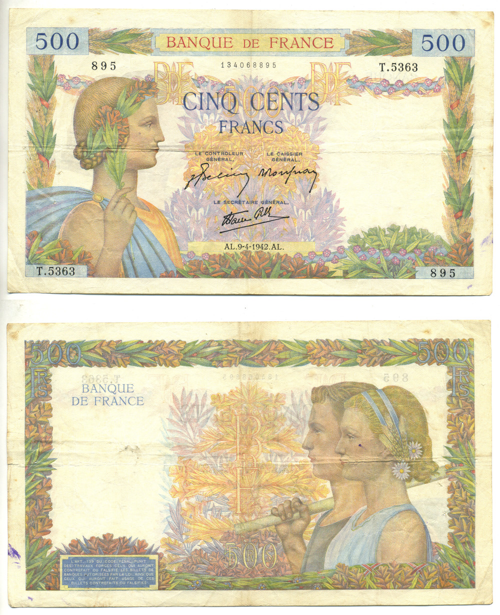 ФРАНЦИЯ 500 ФРАНКОВ 1942 9 АПРЕЛЯ 1942 Pick 95b бумага 3295-126-1