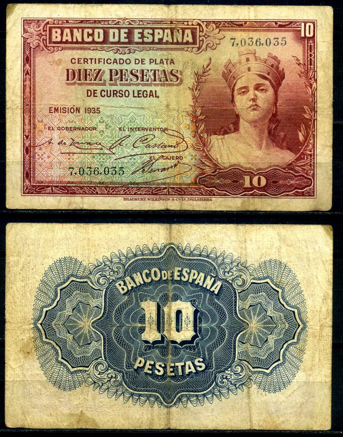 Испания 10 песет 1935 Bradbury Wilkinson, New Malden Pick 86а бумага 7203-47-2-2