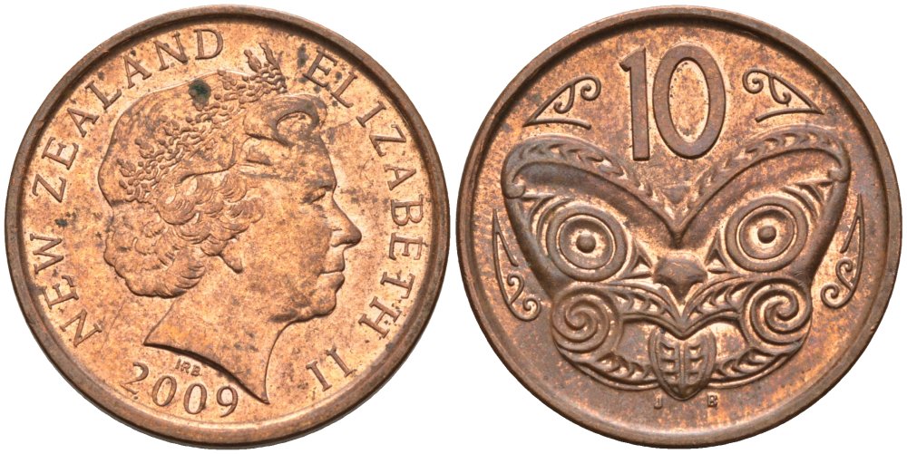 Новая Зеландия 10 центов 2009 маска Маори, Елизавета II (1952-) KM 117а сталь плакированная медью 4179-1033