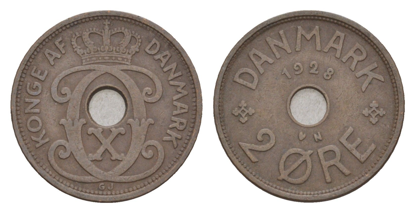 Дания 2 эре 1928 N, Кристиан X (1912-1947) KM 827 бронза 4658-215