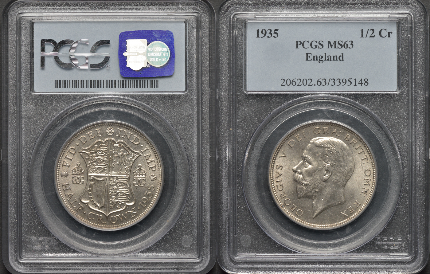 Великобритания 1/2 кроны 1935 Георг V (1910-1936, В СЛАБЕ PCGS, СОСТОЯНИЕ MS63 KM 835, Spink 4037 серебро UNC 00-000-00