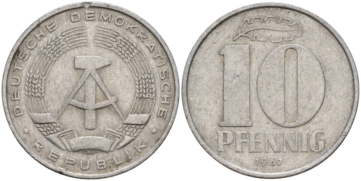 ГДР 10 пфеннигов 1967 A KM 10 алюминий 27-524