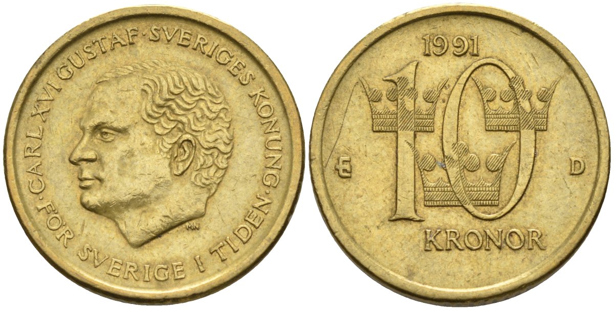 Швеция 10 крон 1991 D, Карл XVI Густав (1973- ) KM 877 медь алюминий цинк 4592-143