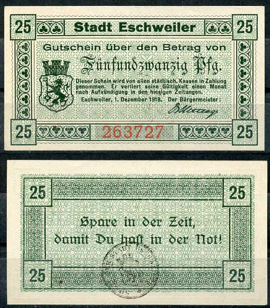 Германия, Эшвайлер 25 пфеннигов 1918 нотгельд, 1.12.1918 бумага UNC (пресс) 8614-47-1-1