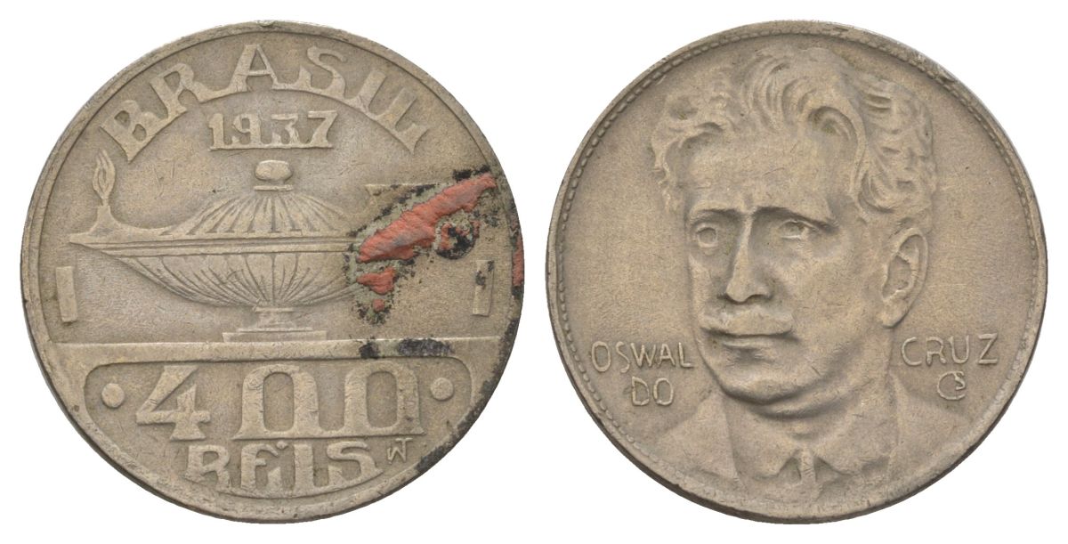 Бразилия 400 реалов 1937 Освалду Крус KM 539 медно-никель 4624-1236
