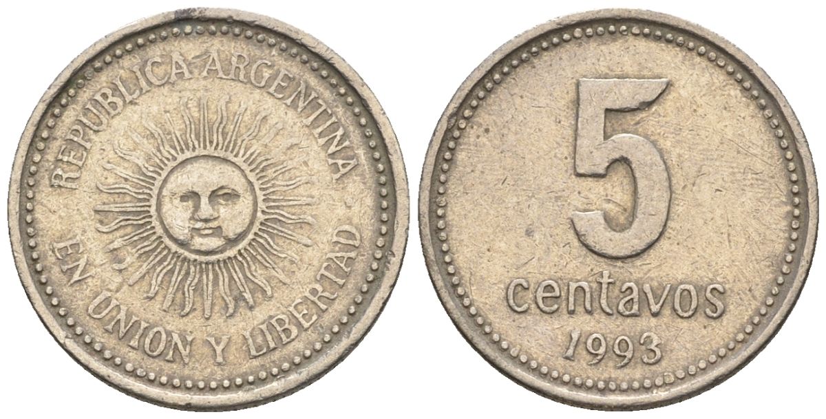 Аргентина 5 сентаво 1993 майское солнце, узкие буквы KM 109a1, CJ 2, Schon 109a медно-никель 4609-1235