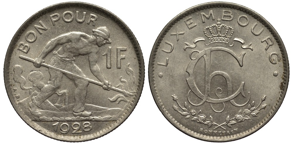 ЛЮКСЕМБУРГ 1 ФРАНК 1928 СТАЛЕВАР, ДИАМЕТР 22,8 ММ., ВЕЛИКАЯ ГЕРЦОГИНЯ ШАРЛОТТА (1919-1964) KM 35 никель 4538-915