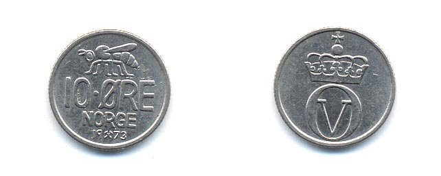 Норвегия 10 эре 1973 пчела, Улаф V (1958-1991) KM 411 медно-никель 4379-327