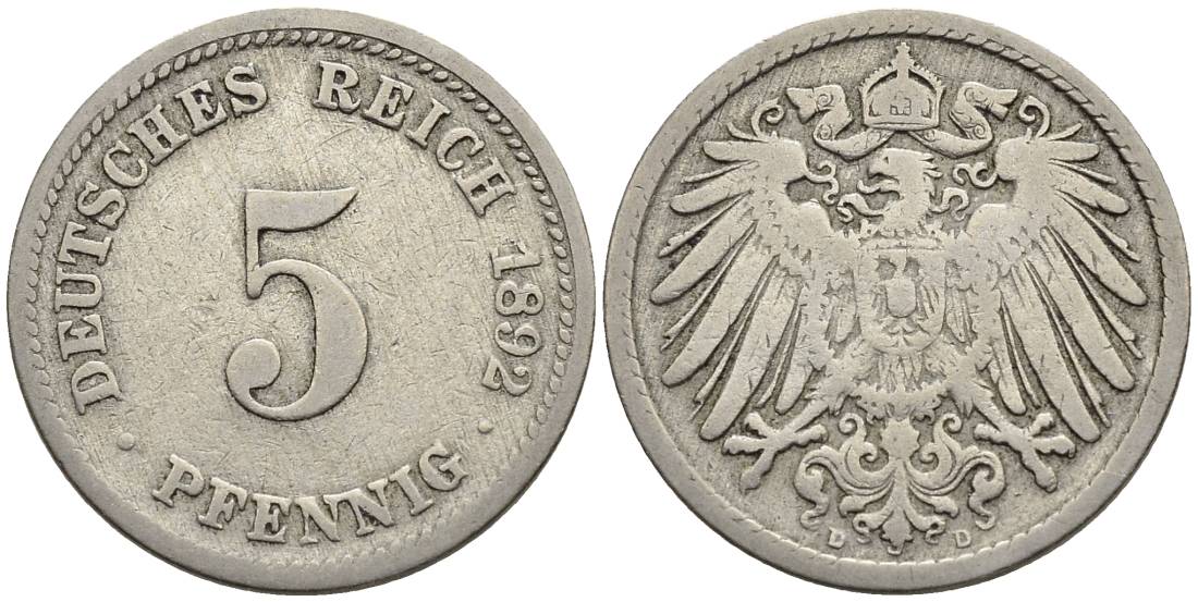 ГЕРМАНИЯ 5 ПФЕННИГОВ 1892 D KM 11, Jager 12, Weege 6 медно-никель 4547-329