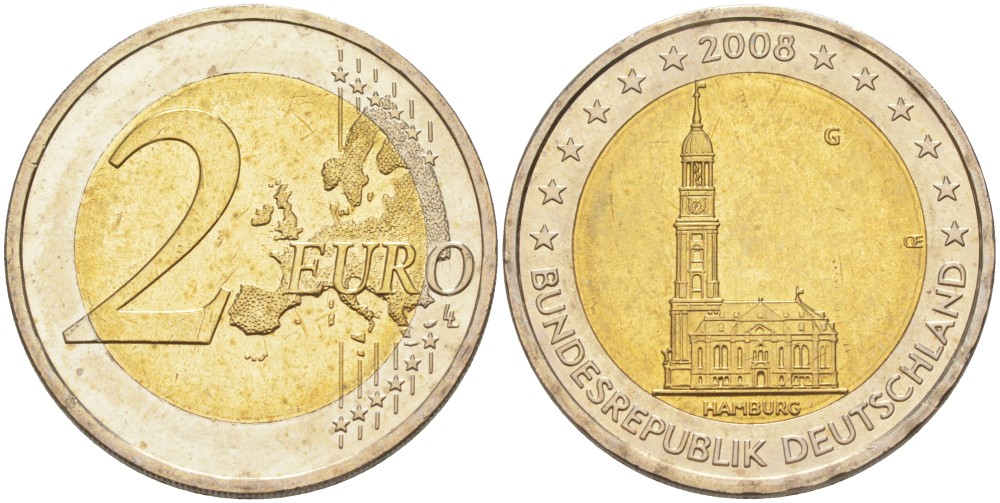 ФРГ 2 евро 2008 G, серия федеральные земли, церковь Св. Михаила в Гамбурге KM 261 биметалл UNC 4111-812