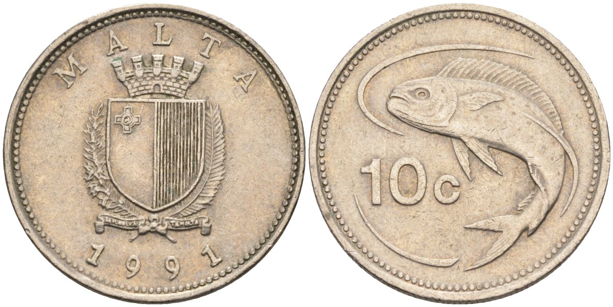 Мальта 10 центов 1991 золотая макрель KM 96 медно-никель 4588-231