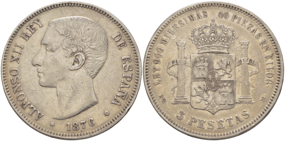Испания 5 песет 1876 DE-M, АЛЬФОНСО XII KM 671 серебро 1521-1042