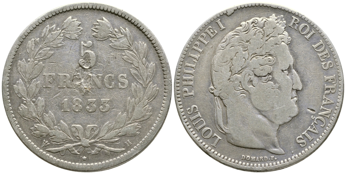 Франция 5 франков 1833 B, Луи Филипп I (1830-1848) KM 749.2 серебро 1066-7-46
