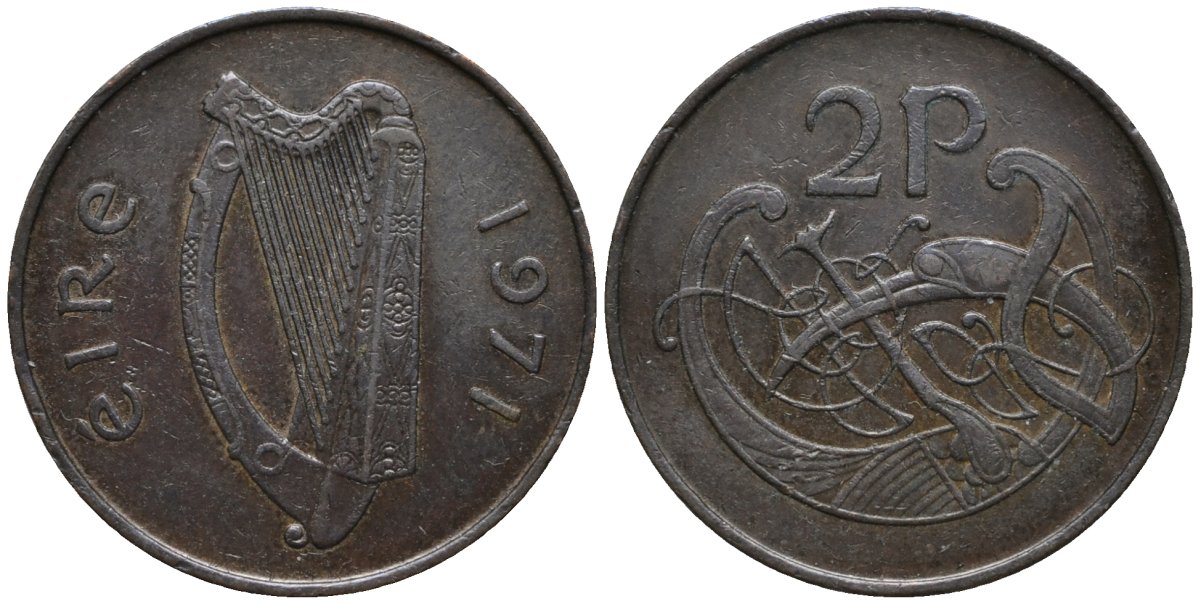 Ирландия 2 пенса 1971 виньетка в виде стилизованной птицы из второй библии Карла II лысого KM 21 бронза 4171-225