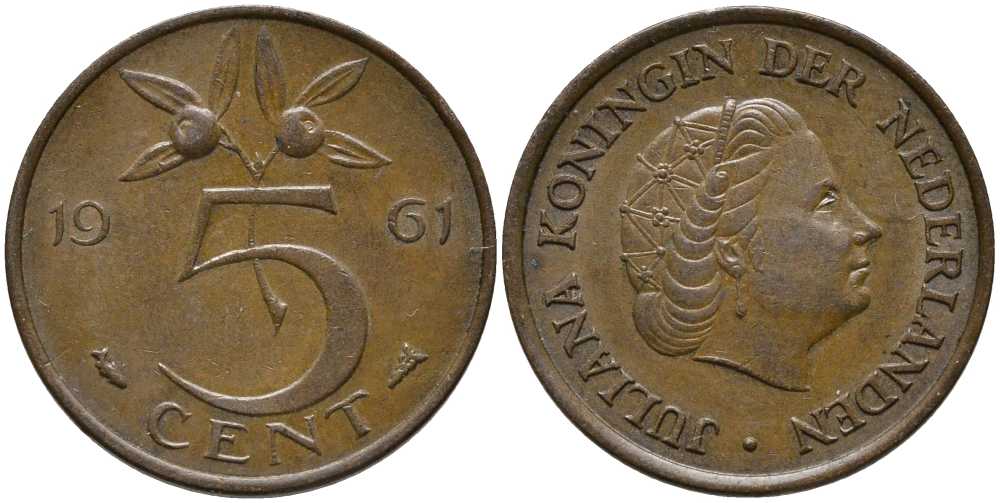 НИДЕРЛАНДЫ 5 ЦЕНТОВ 1961 ЮЛИАНА KM 181 бронза 113-651