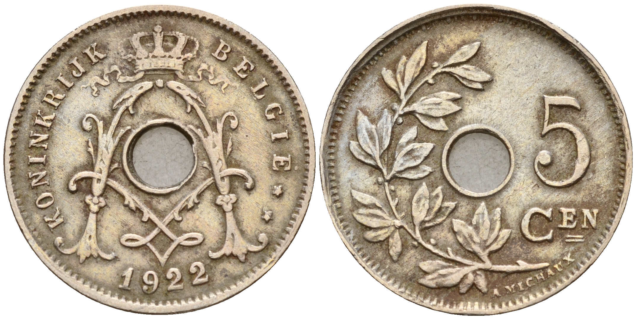 Бельгия 5 сантимов 1922 Belgen KM 67 медно-никель    4598-913