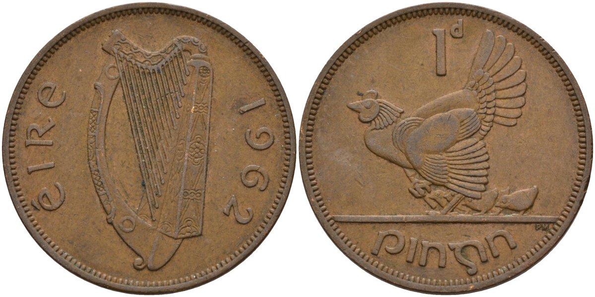 Ирландия 1 пенни 1962 курица с цыплятами KM 11 бронза 4144-1116
