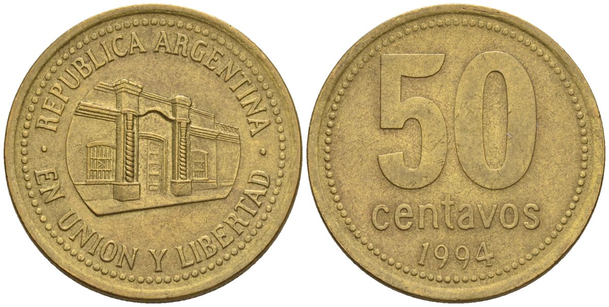 Аргентина 50 сентаво 1994 здание конгресса Тукумана, узкие буквы KM 111.1, CJ 5, Schon 112 алюминиевая бронза    60-451