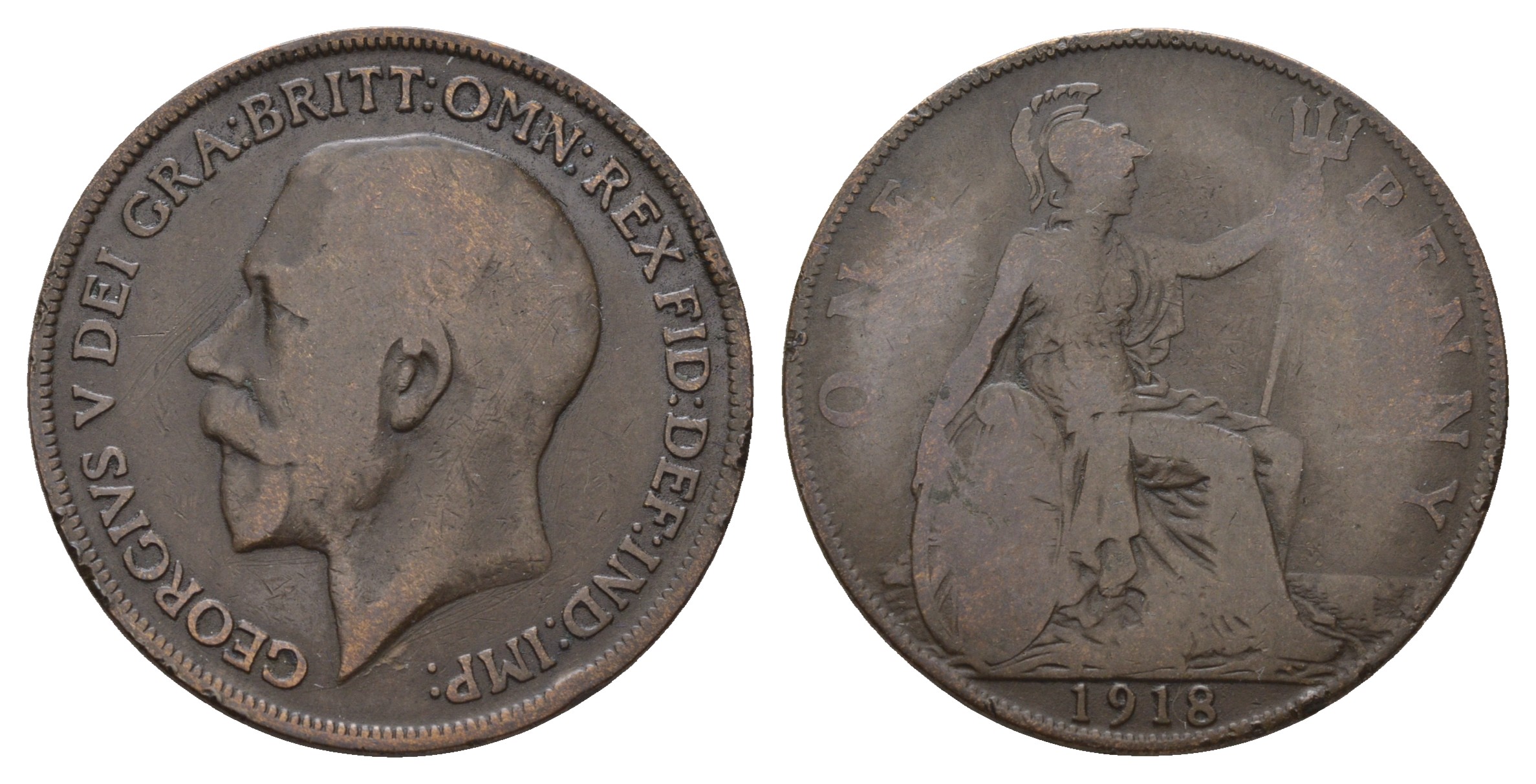 Великобритания 1 пенни 1918 Георг V (1910-1936) КМ 810, Spink 4051 бронза 4680-246