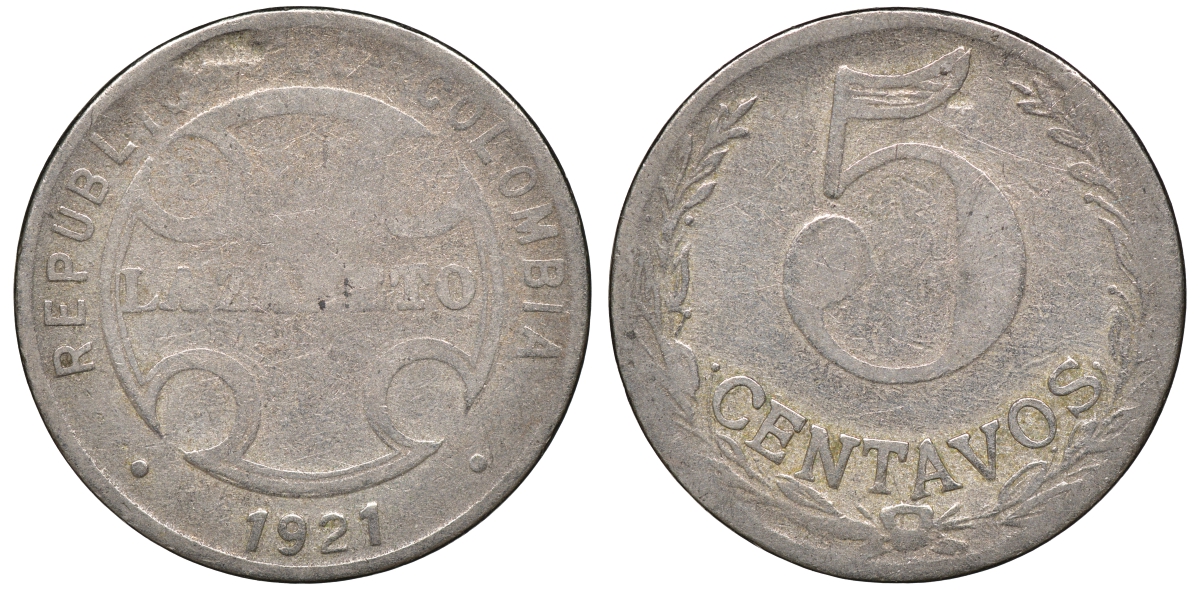 Колумбия 5 сентаво 1921 государственный лепрозорий KM L11 медно-никель 53-1035