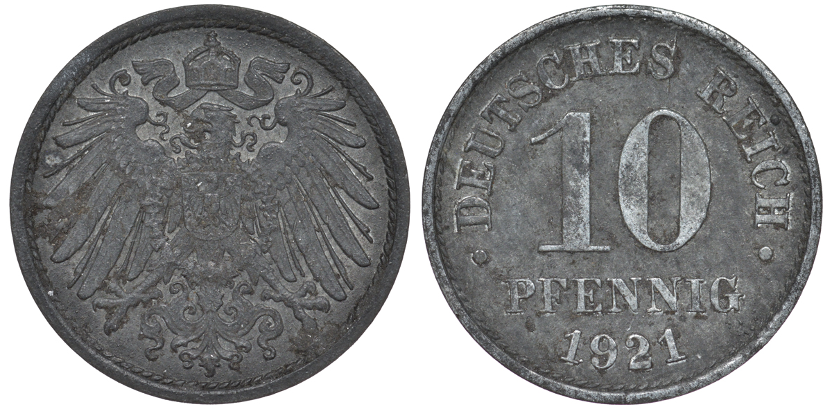 ГЕРМАНИЯ 10 ПФЕННИГОВ 1921 KM 26, J. 299 цинк 45-723