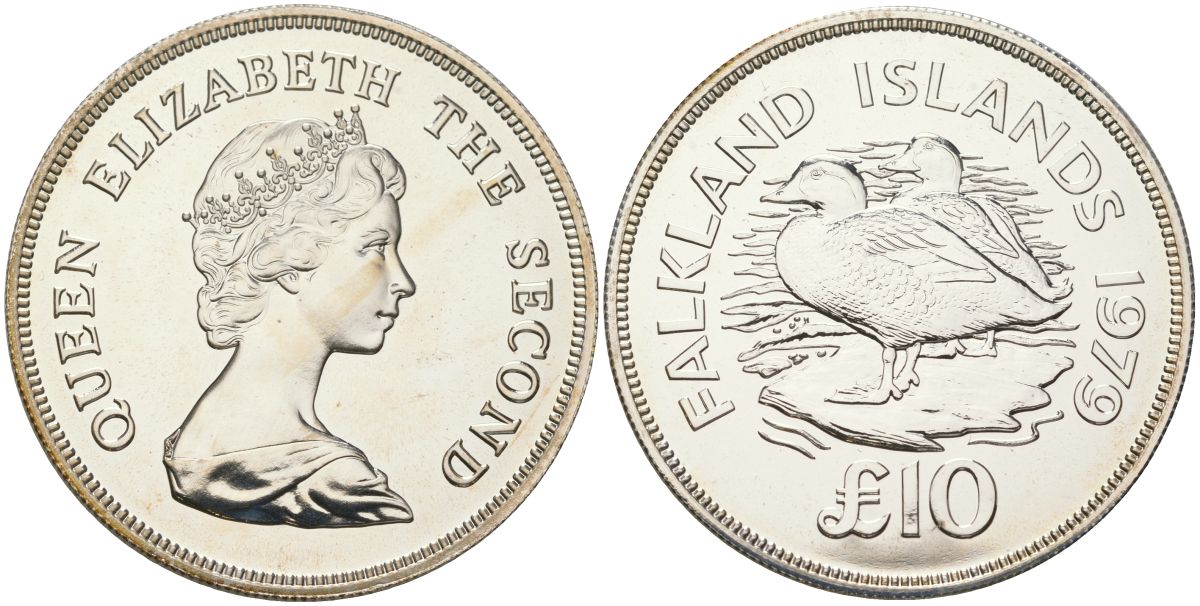 Фолклендские острова 10 фунтов 1979 серия сохраним наш мир, утка - пароход KM 12 серебро BU 1101-4-42