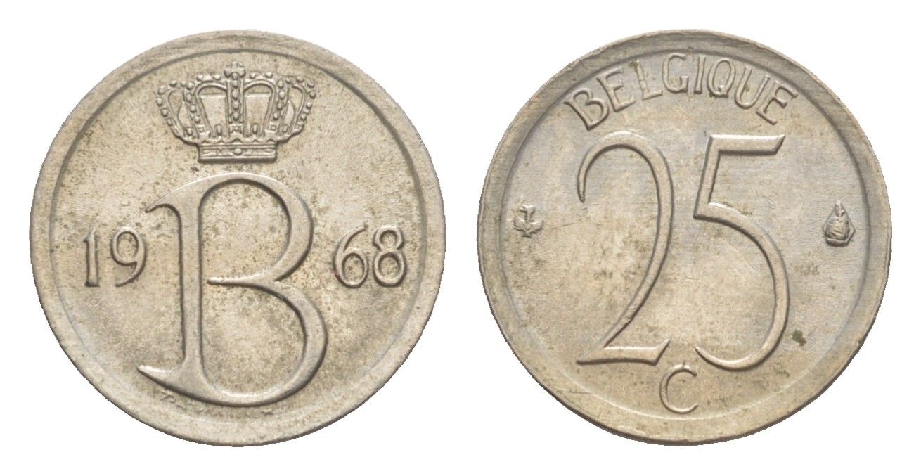 Бельгия 25 сантимов 1968 Belgique, Бодуэн I (1951-1993) KM 153 медно-никель 4169-756