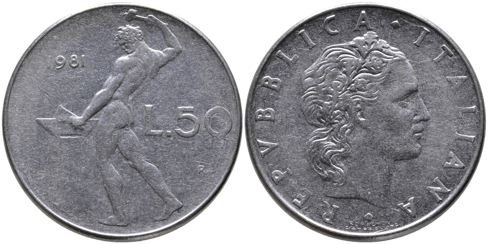 ИТАЛИЯ 50 ЛИР 1981 R, КУЗНЕЦ KM 95.1 нержавеющая сталь 89-452