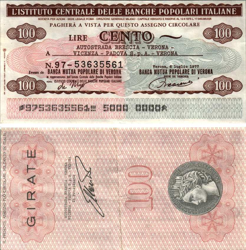 Италия 100 лир 1977 6 июля 1977 L'Istituto centrale Delle Banche popLari Italiane бумага 3295-41-1-2