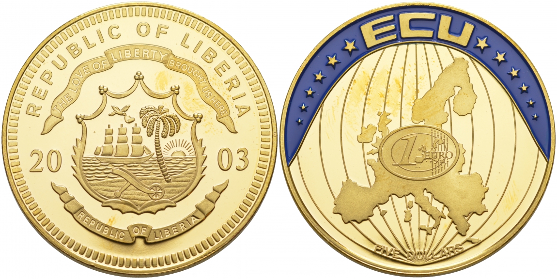 ЛИБЕРИЯ 5 ДОЛЛАРОВ 2003 ЭКЮ, ЗОНА ЕВРО, ПОЗОЛОТА, ЦВЕТНАЯ ЭМАЛЬ медно-никель PROOF 02-015-42