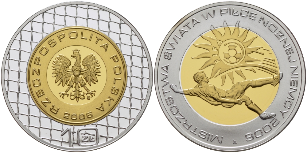Польша 10 злотых 2006 MW, FIFA, чемпионат мира по футболу в Германии 2006 года KM 754, Schon 590 серебро, биметалл PROOF 1080-9-14