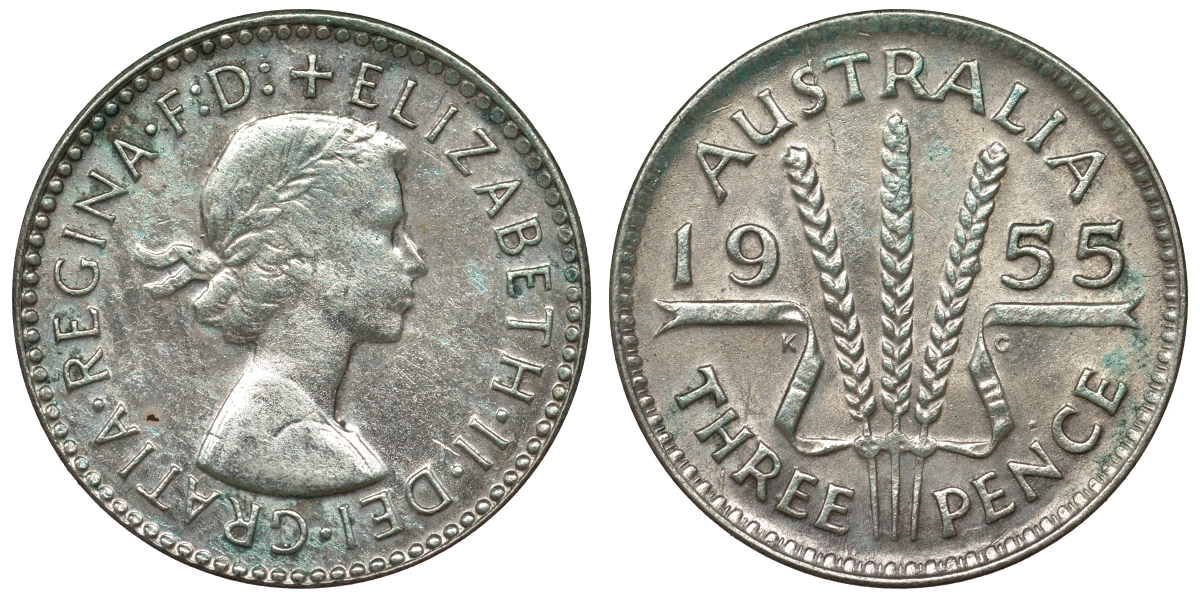 Австралия 3 пенса 1955 m, Елизавета II (1952-2022) KM 57 серебро 71-446